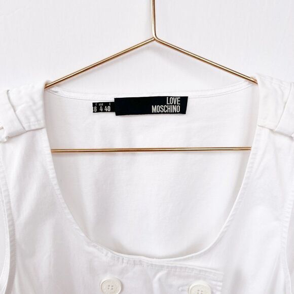 Love Moschino White Sleeveless Belted Eyelet Lace Trim Button Up Dress Size 4 - Picture 3 of 8